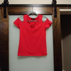 Red cold shoulder top